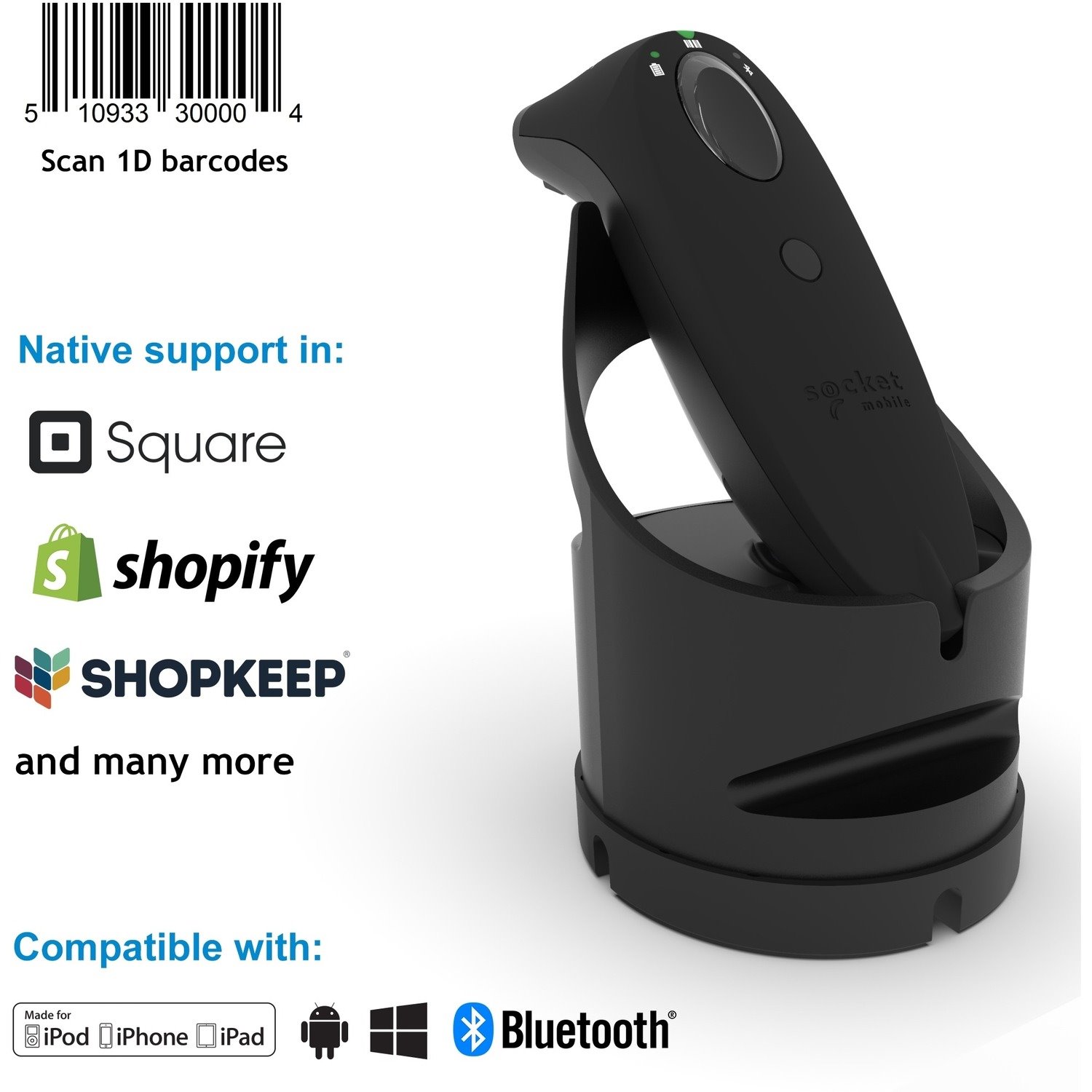 Socket Mobile SocketScan S730 Handheld Barcode Scanner - Wireless Connectivity - Black