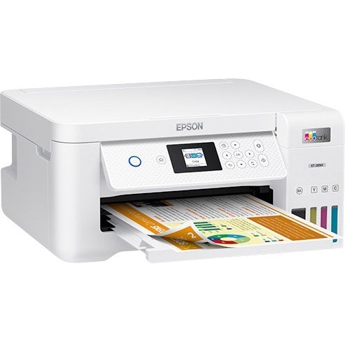 Epson EcoTank ET-2850 Wireless Inkjet Multifunction Printer-Color-White-Copier/Scanner-4800x1200 Print-Automatic Duplex Print-100 sheets Input-Color Scanner-1200 Optical Scan-Wireless LAN-Epson Connect-Apple AirPrint-Mopria Print Service-Wi-Fi Direct