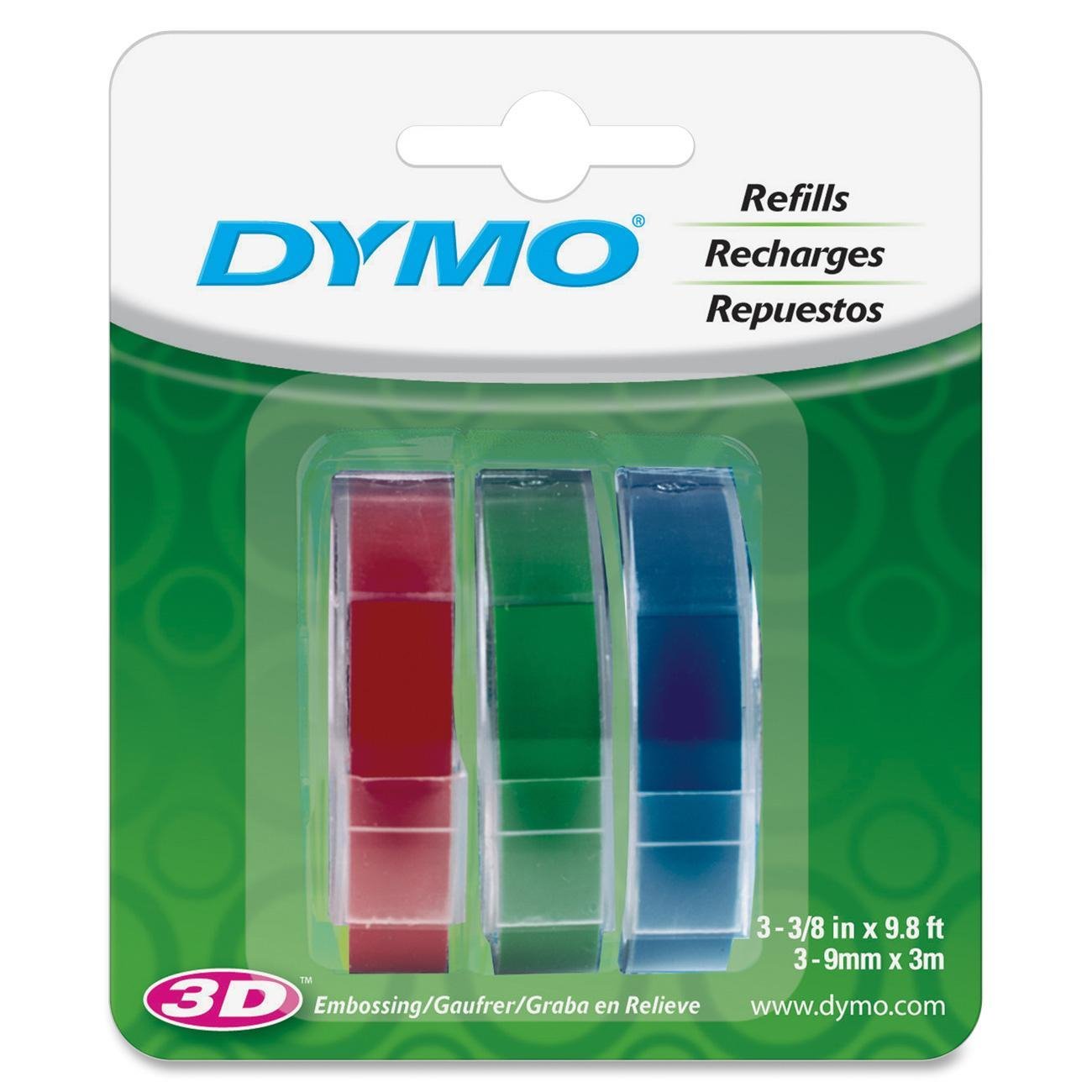 Dymo Embossing Labels 3 Multi-Pack Blue Red Green 9MM X 3M