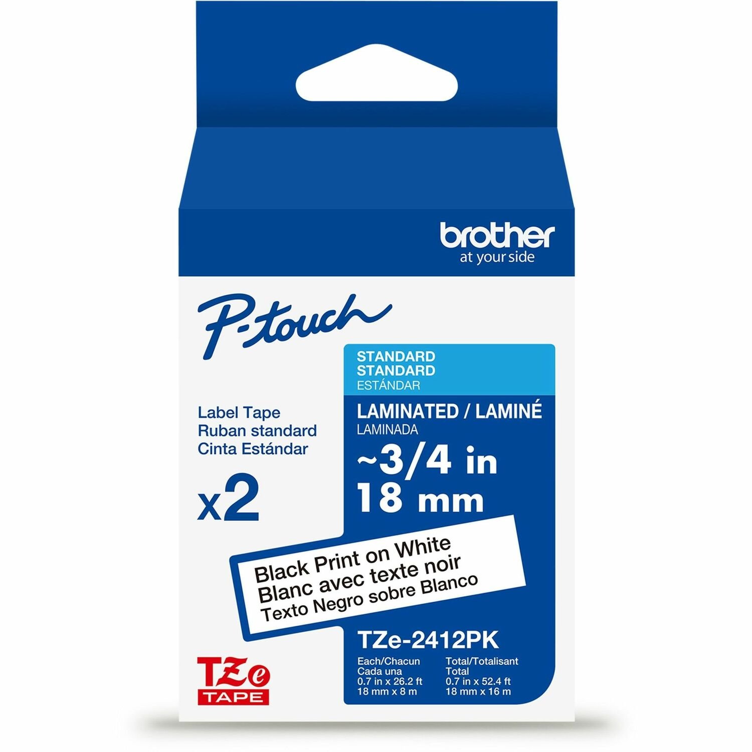 Brother Genuine P-touch TZe2412PK BK on WHT Label Tapes, Laminated, 18mmX8m each