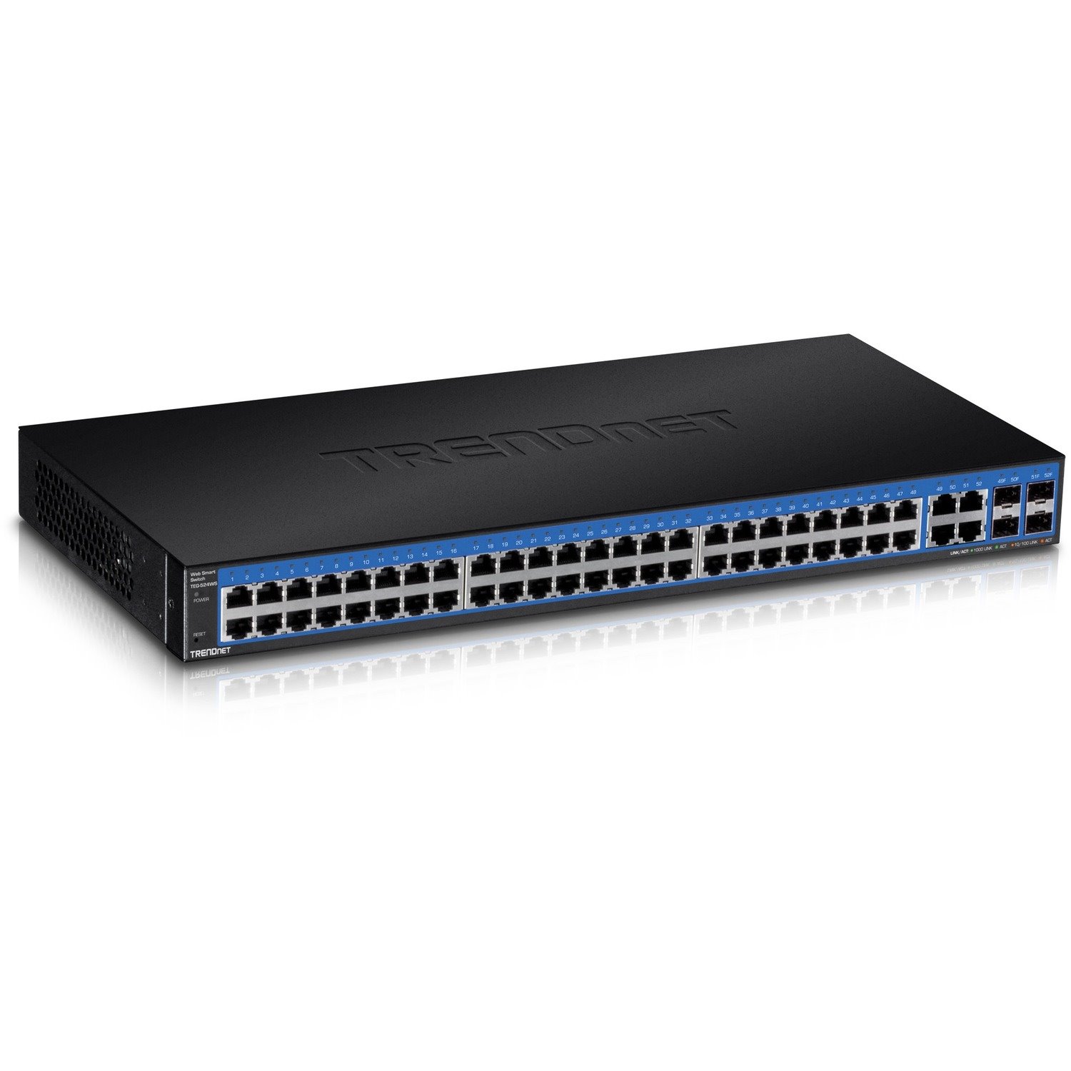 TRENDnet 52-Port Gigabit Web Smart Switch, 48 Gigabit RJ-45 Ports, 4 Shared Gigabit Ports (RJ-45 or SFP), 104 Gbps Switching Capacity, VLAN, QoS, LACP, IPv6, Lifetime Protection, Black, TEG-524WS