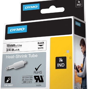 Dymo Genuine Rhino Industrial Labels-Heat Shrink Tube 19MM Black On White.Made Of Industrial Grade Polyolefine And Featuring A 3:1 Heat Shrink Ratio. RoHS Compliant. Temperature Rating -19C To +135C.