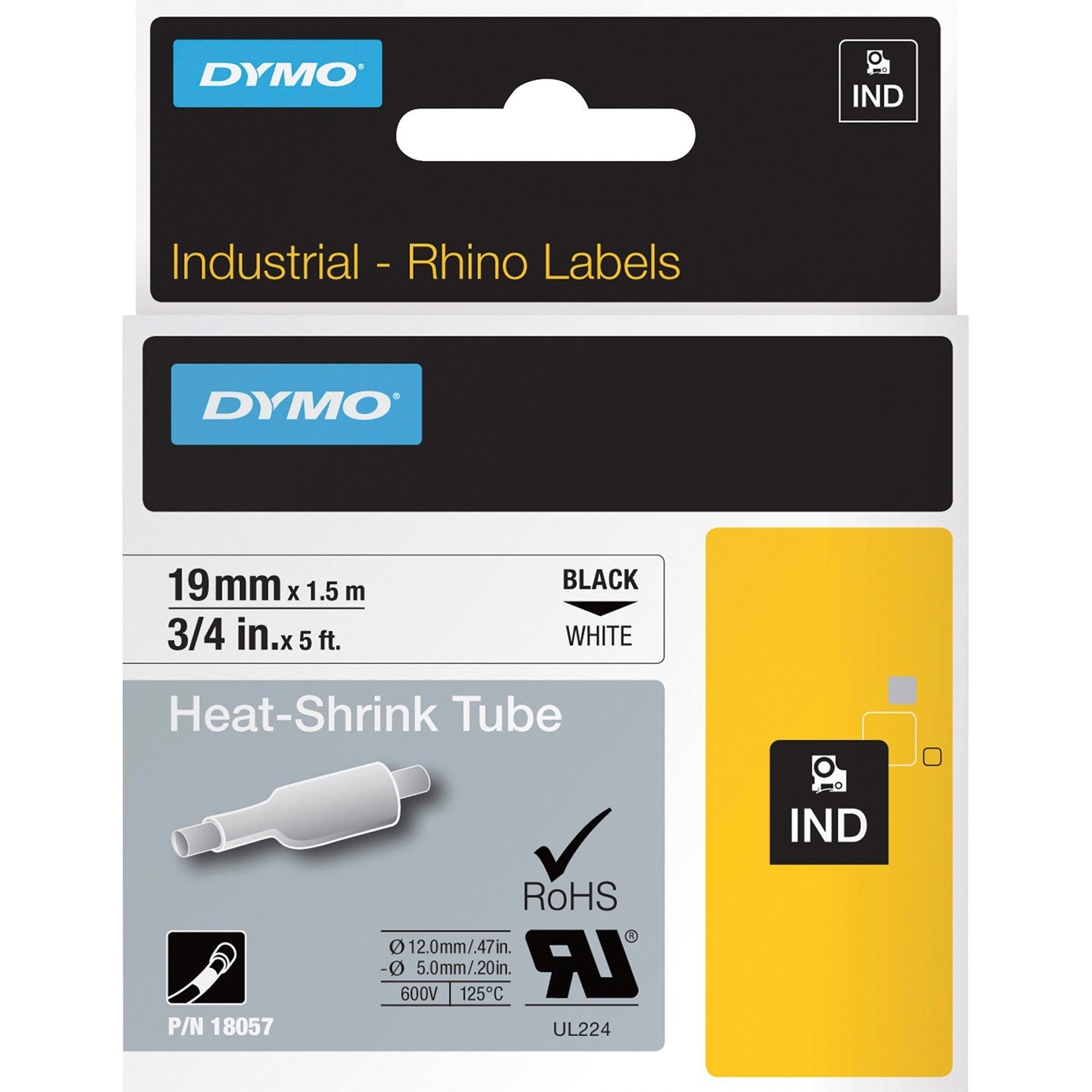 Dymo Genuine Rhino Industrial Labels-Heat Shrink Tube 19MM Black On White.Made Of Industrial Grade Polyolefine And Featuring A 3:1 Heat Shrink Ratio. RoHS Compliant. Temperature Rating -19C To +135C.