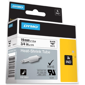 Dymo Genuine Rhino Industrial Labels-Heat Shrink Tube 19MM Black On White.Made Of Industrial Grade Polyolefine And Featuring A 3:1 Heat Shrink Ratio. RoHS Compliant. Temperature Rating -19C To +135C.