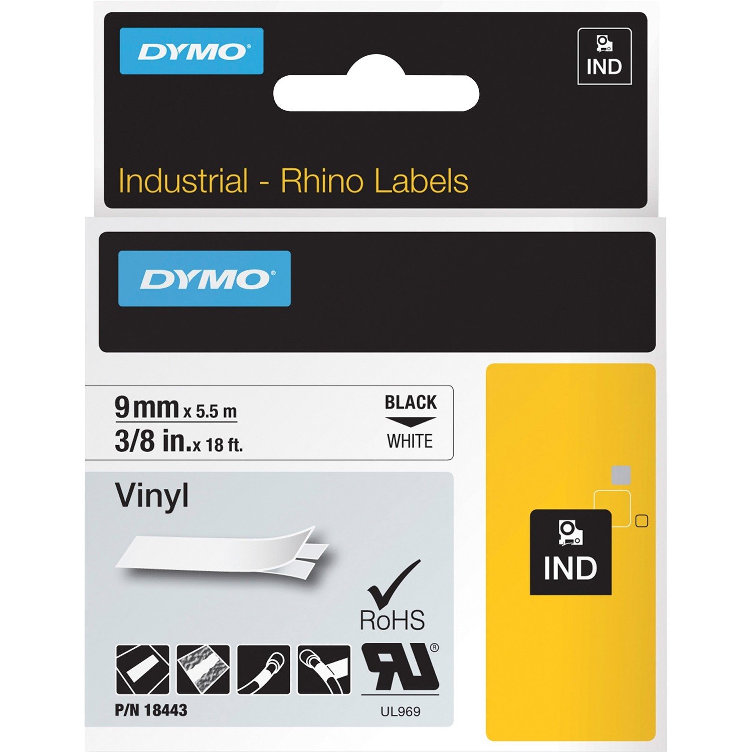 Dymo Genuine Rhino Industrial Vinyl Labels 9MM X 5.5M. Black On White. Compatible With Dymo Rhino Industrial Labellers, LabelManager Labellers And The LabelWriter 450 Duo.