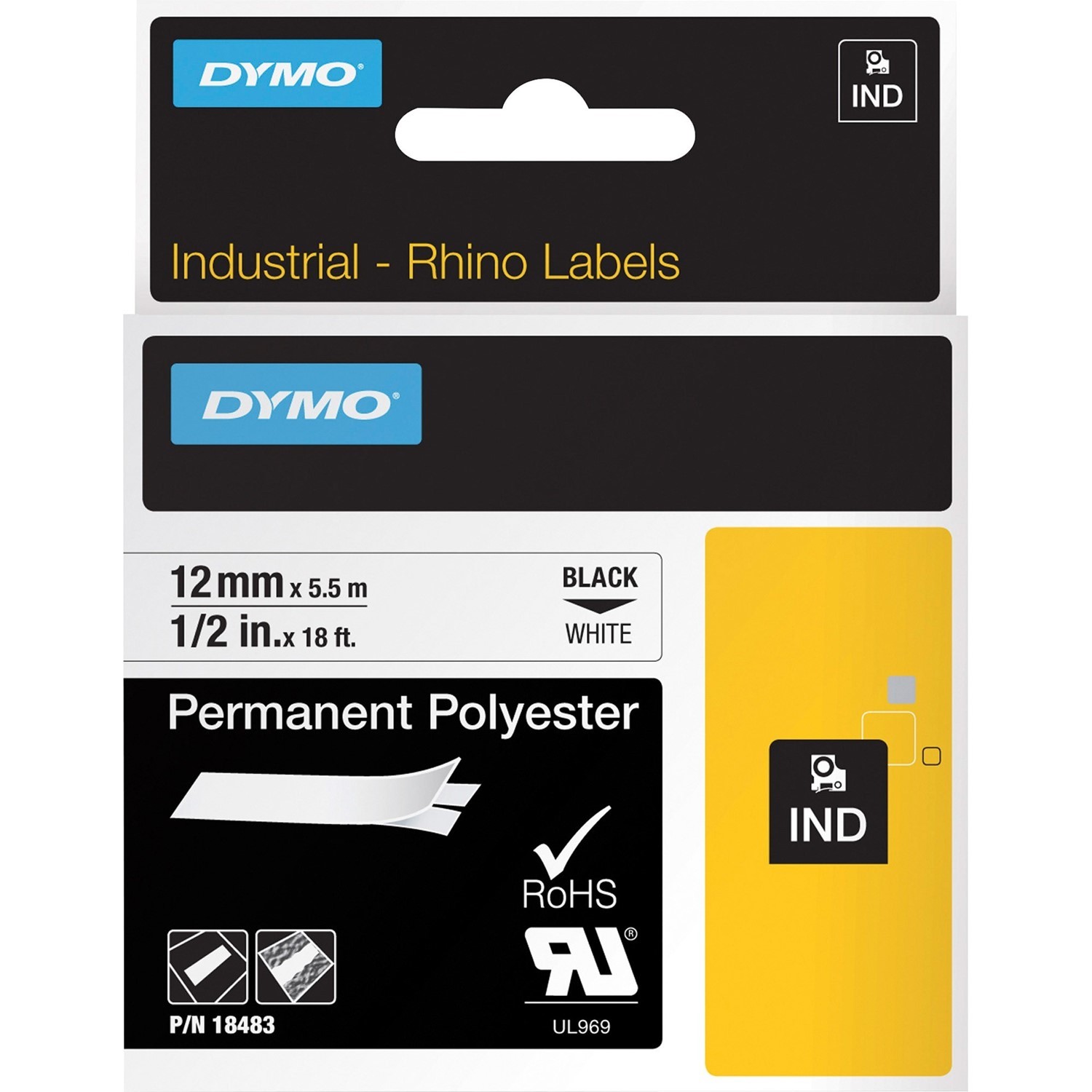 DymoRhino Blk on Wht 12mm Tape