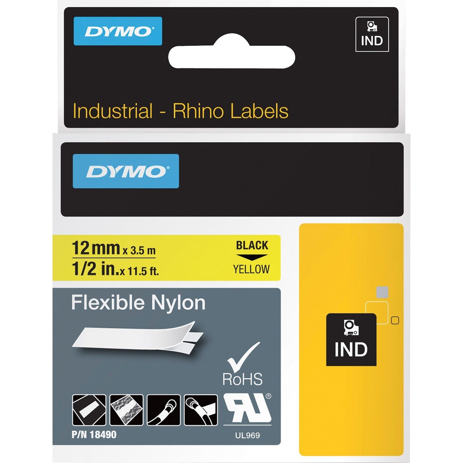 Dymo Genuine Rhino Industrial Labels-Flexible Nylon 12MM Black On Yellow. Industrial-Strength Tear- Proof. Resists Moisture, Uv Light & More. RoHS Compliant Temperature Rating -25.56C To +80