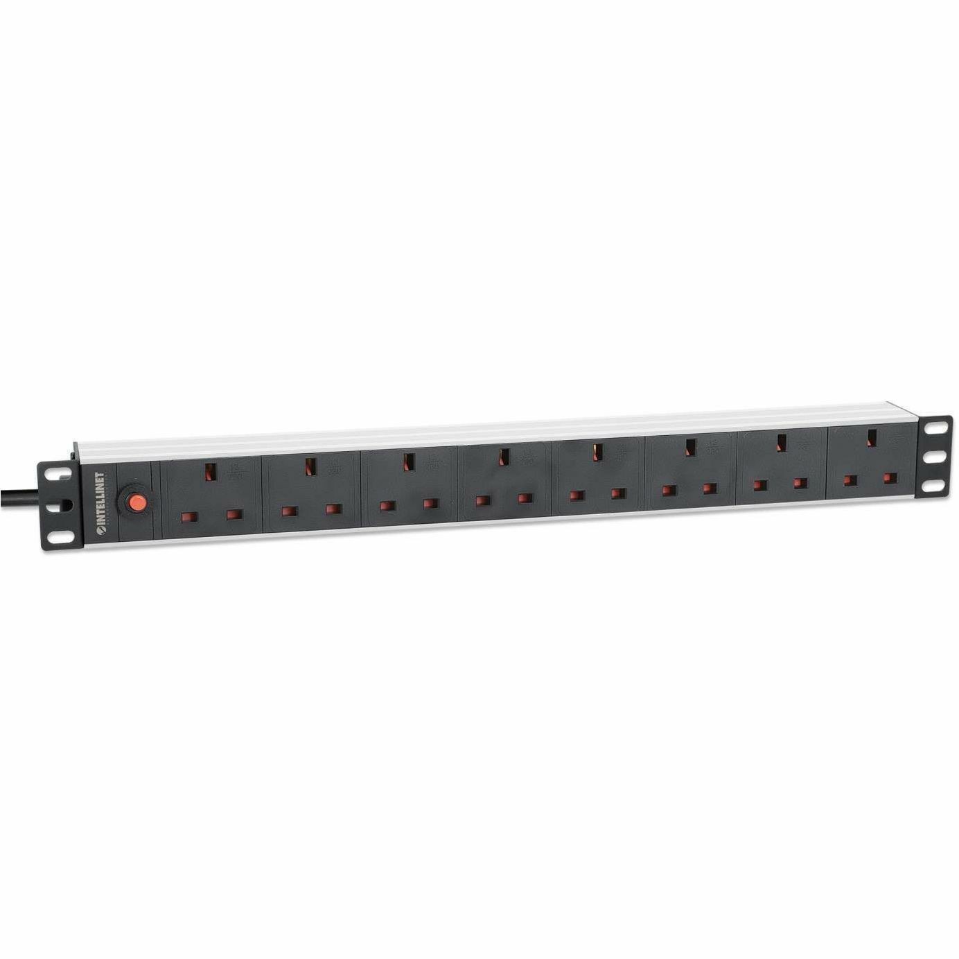 19" 1U PDU 7-way UK, Overload Protection, Rackmount, Power Distribution Unit, UK 3-pin outlets, 3m power cord, output