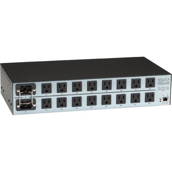 Black Box Horizontal Rackmount Remote Power Manager - 100?120-VAC, Dual-Circuit, 15-Amp, (16) NEMA 5-15 Outlet