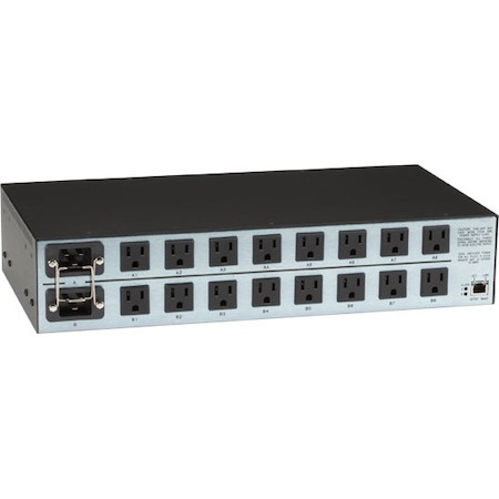 Black Box Horizontal Rackmount Remote Power Manager - 100120-VAC, Dual-Circuit, 15-Amp, (16) NEMA 5-15 Outlet