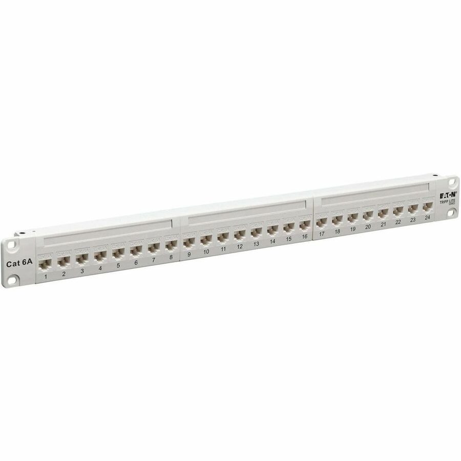 Eaton Tripp Lite Series 24-Port Cat6a Feed-Through Patch Panel - 4PPoE Compliant, 1U Rack-Mount, RJ45 Ethernet, White, TAA