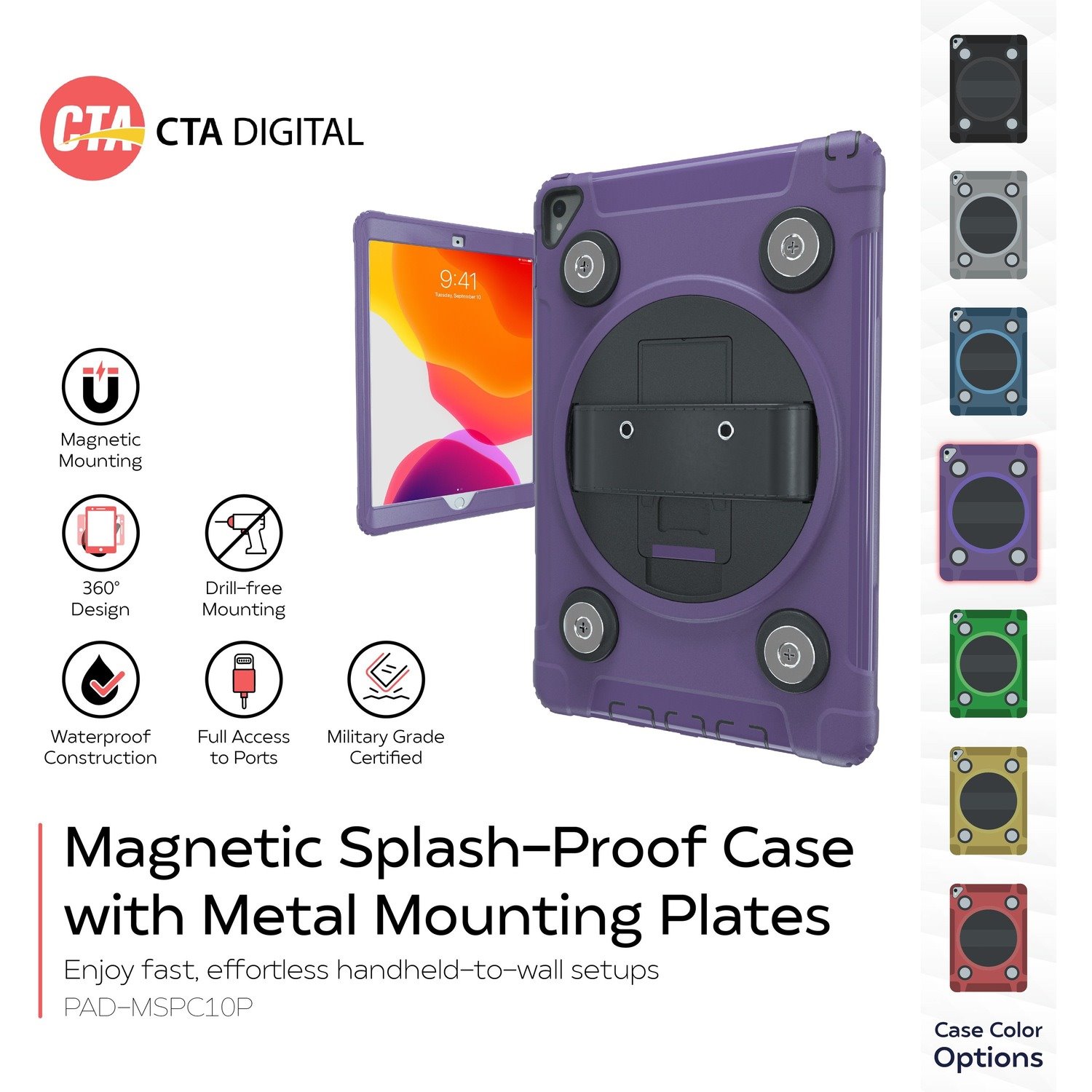 CTA Digital Magnetic Splash-Proof Case with Metal Mounting Plates for iPad 7th/ 8th/ 9th Gen 10.2, iPad Air 3, iPad Pro 10.5, Purple