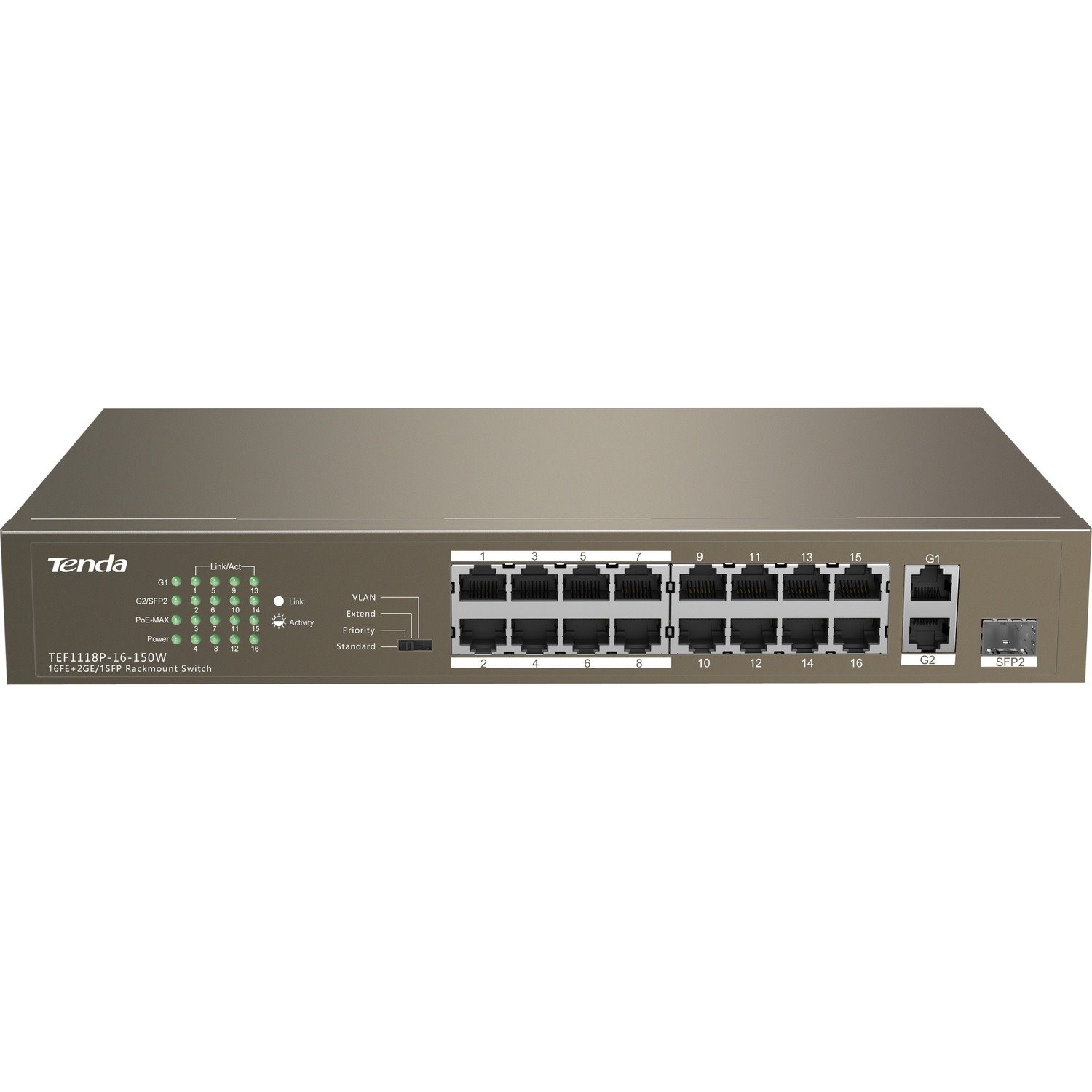 Tenda TEF1118P-16-150W 16 Ports Ethernet Switch - Fast Ethernet, Gigabit Ethernet - 10/100Base-TX, 10/100/1000Base-T, 1000Base-X