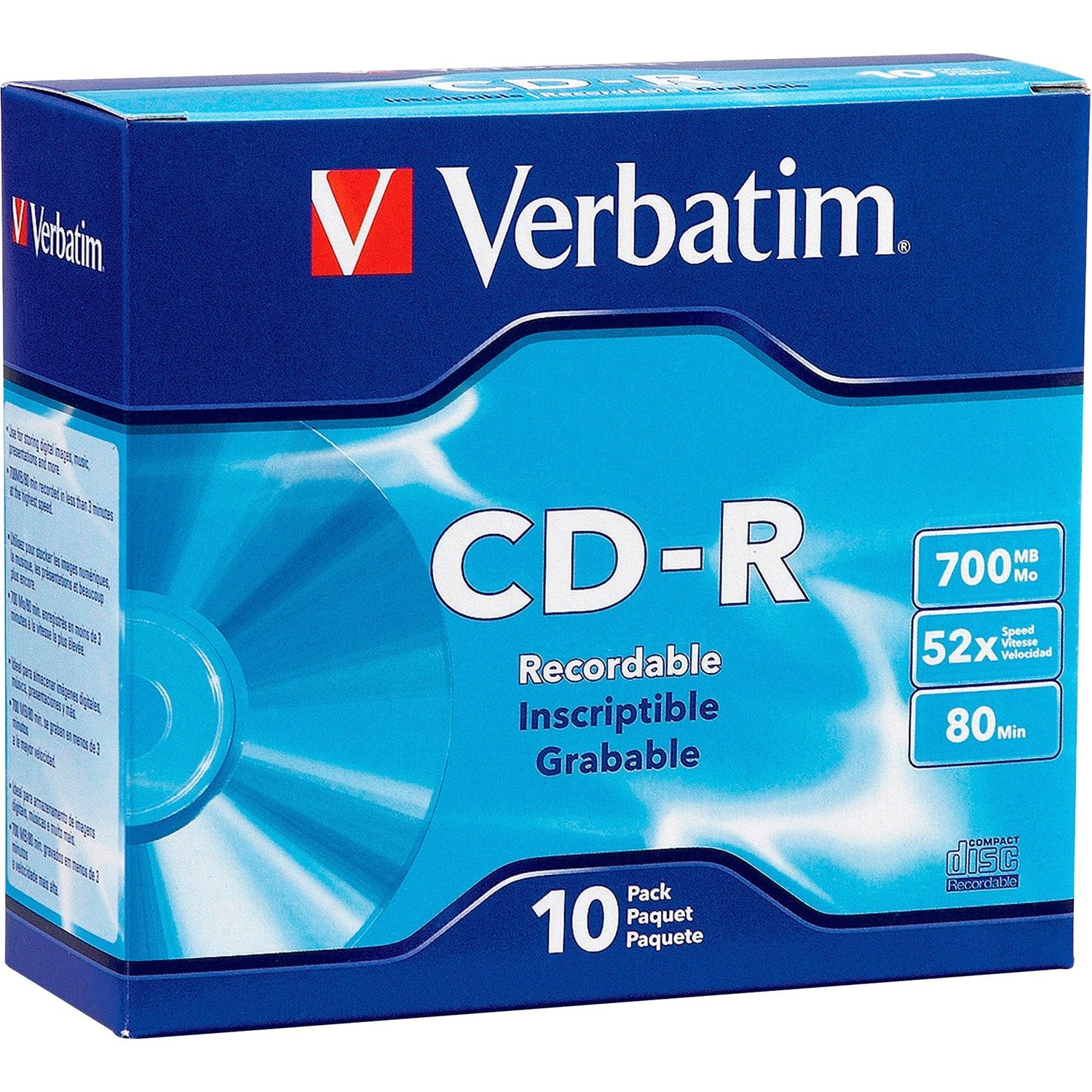 Verbatim AZO CD-R 700MB 52X DataLifePlus with Branded Surface - 10pk Slim Case