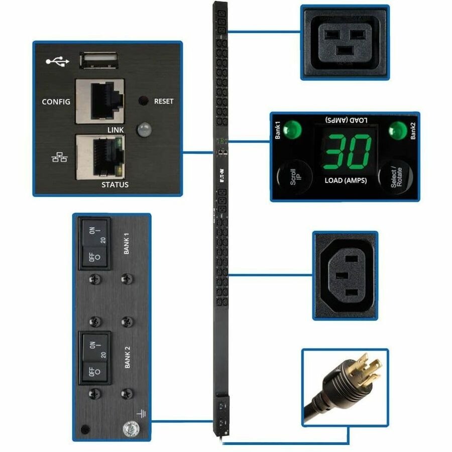 Eaton 5.5kW Single-Phase Monitored PDU, LX Interface, 208/230V Outlets (36 C13/6 C19), L6-30P, 10 ft. (3.05 m) Cord, 0U 1.8m/70 in. Height, TAA