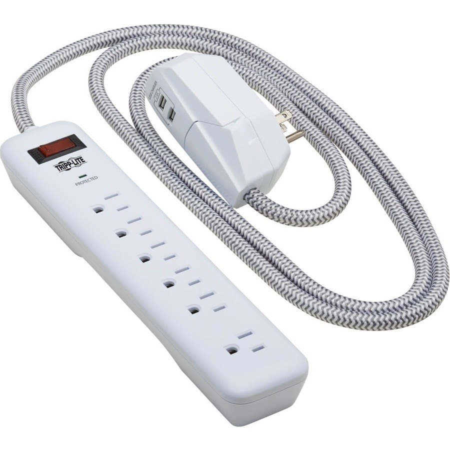 Tripp Lite by Eaton 7-Outlet Surge Protector - 6 on strip/1 in detachable plug, 2 USB Ports (2.4A Shared), Detachable Charger Plug, 6 ft. Cord, 5-15P Plug, 900 Joules, White