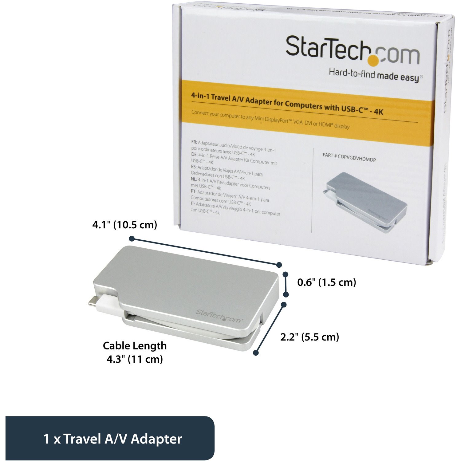 StarTech.com USB C Multiport Video Adapter 4K/1080p - USB Type C to HDMI, VGA, DVI or Mini DisplayPort Monitor Adapter - Silver Aluminum