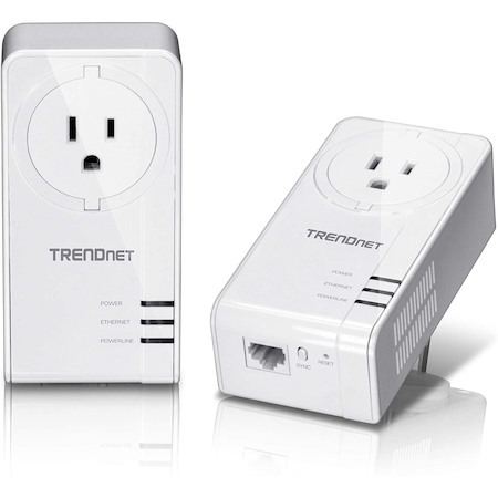 TRENDnet Powerline 1300 AV2 Adapter With Built-in Outlet Adapter Kit, Includes 2 x TPL-423E Adapters, IEEE 1905.1 & IEEE 1901, Gigabit Port, Range Up To 300m (984 ft), White, TPL-423E2K