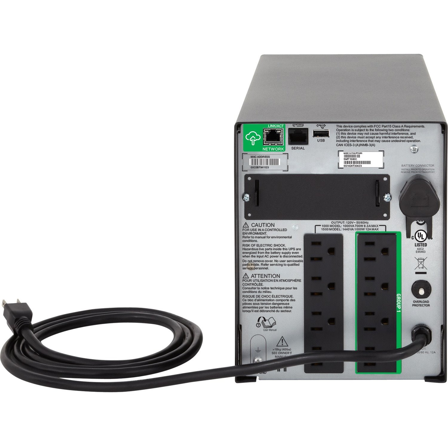 APC Smart-UPS, Line Interactive, 1000VA, Tower, 120V, 8x NEMA 5-15R outlets, SmartConnect Port+SmartSlot, AVR, LCD