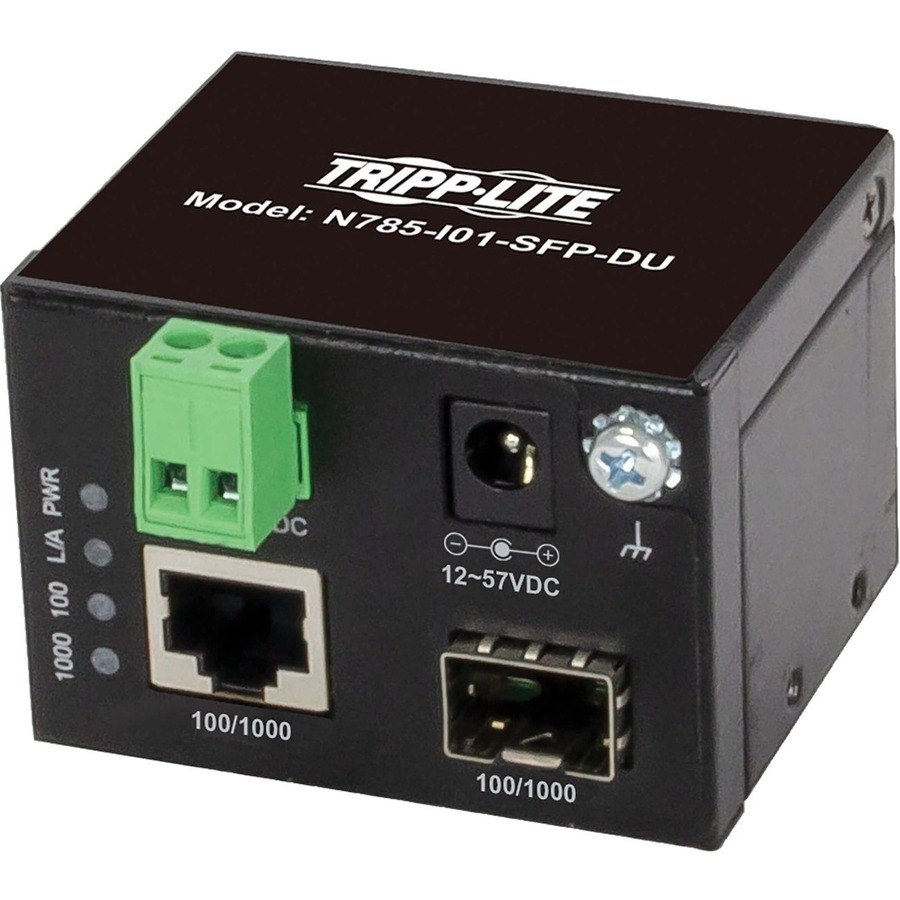 Eaton Tripp Lite Series Unmanaged Industrial Gigabit Fiber to Ethernet Media Converter, 10/100/1000 Mbps, RJ45/SFP, -40&deg; to 75&deg;C, DC Power, TAA