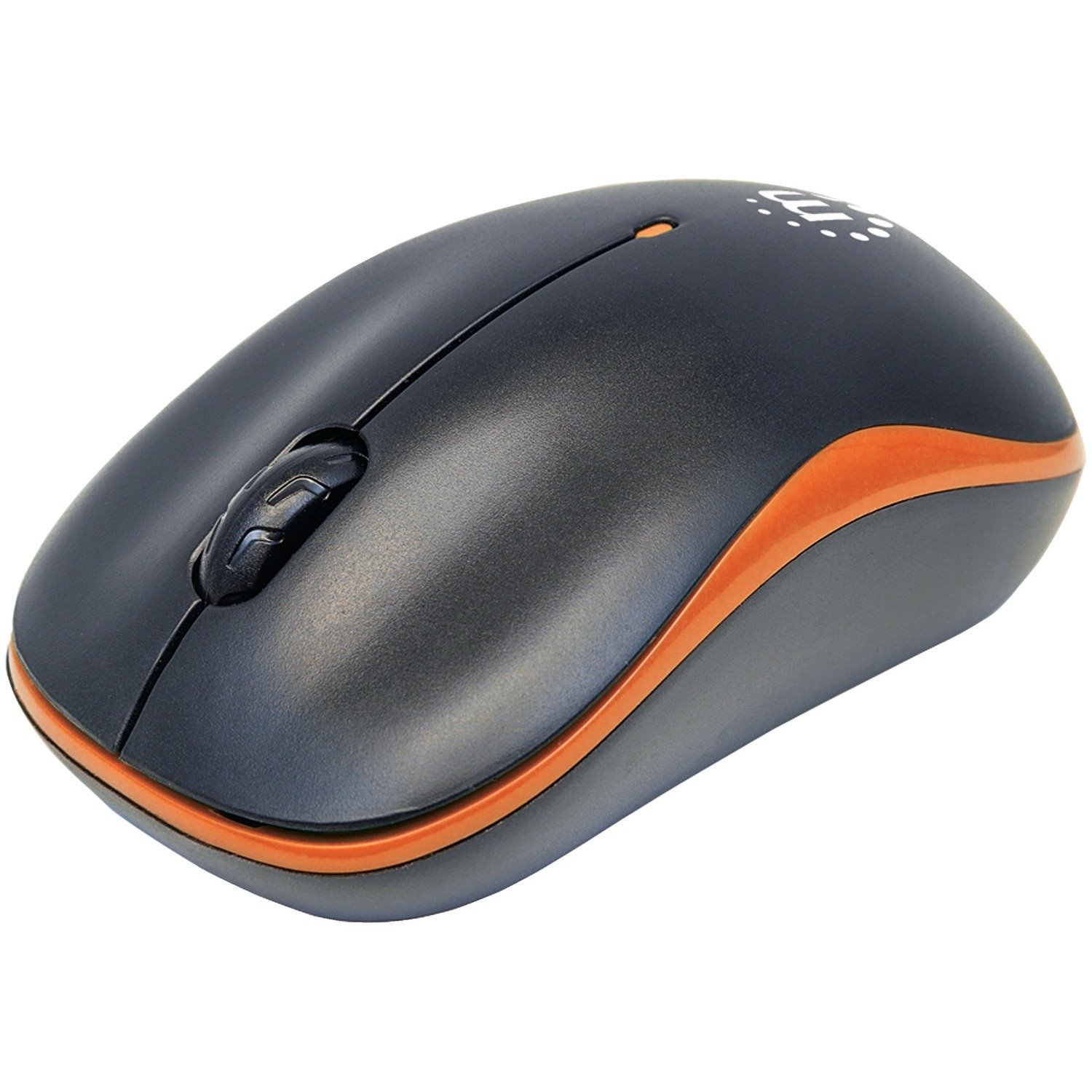 Manhattan Success Wireless Mouse, Black/Orange, 1000dpi, 2.4Ghz (up to 10m), USB, Optical, Three Button with Scroll Wheel, USB micro receiver, AA battery (included), Low friction base, Three Year Warranty, Blister