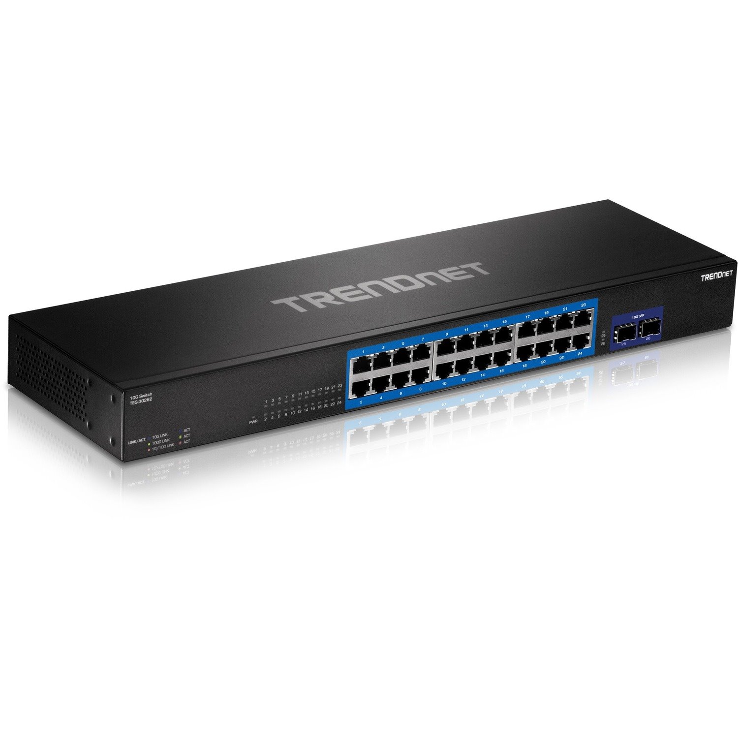 TRENDnet 24-Port Gigabit Switch with 2 X 10G SFP+ Slots; Fanless Design; 19 1U Rack mountable; TEG-30262