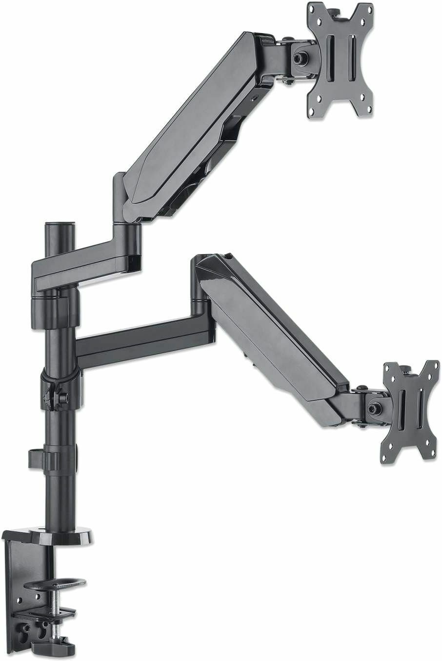 Dual Desk Mount for TV & Monitors (Full Motion Gas Spring), For screens 10" to 27" , Clamp or Grommet Assembly, VESA compatability: 75x75 and 100x100mm - check the dimensions of the four mounting holes on back of screen to ensure it fits, Max 8kg (each)