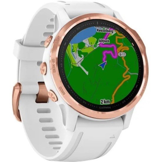 Garmin f&#275;nix 6S Pro GPS Watch - Round Case Shape - 42 mm Case Width - Rose Gold Case Color - White Band Color - Fiber Reinforced Polymer, Metal Case Material - Wireless LAN