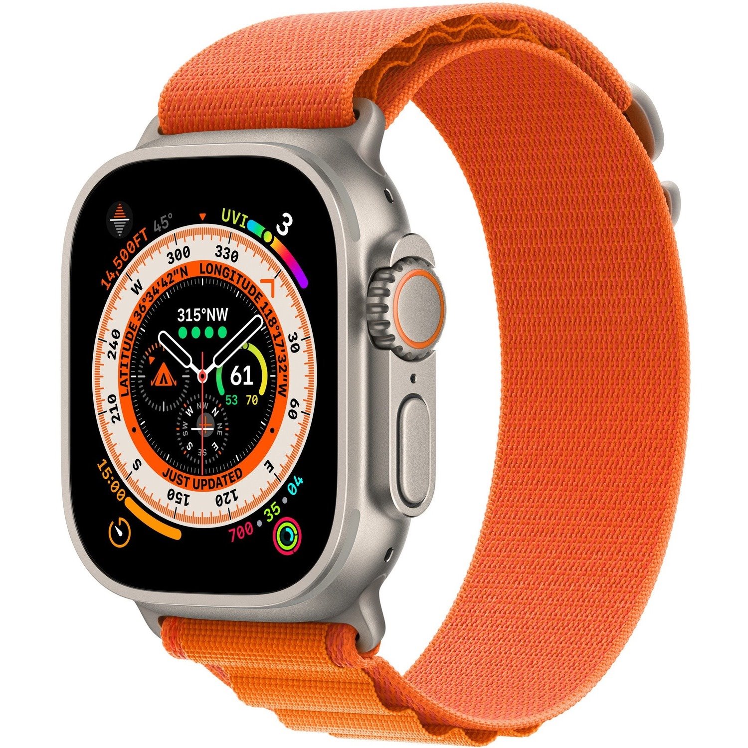 Apple Watch Ultra Smart Watch - 49 mm Case Height - 44 mm Case Width - Titanium Case Color - Orange Band Color - Titanium Case Material - Fabric Band Material - Wireless LAN - LTE, UMTS