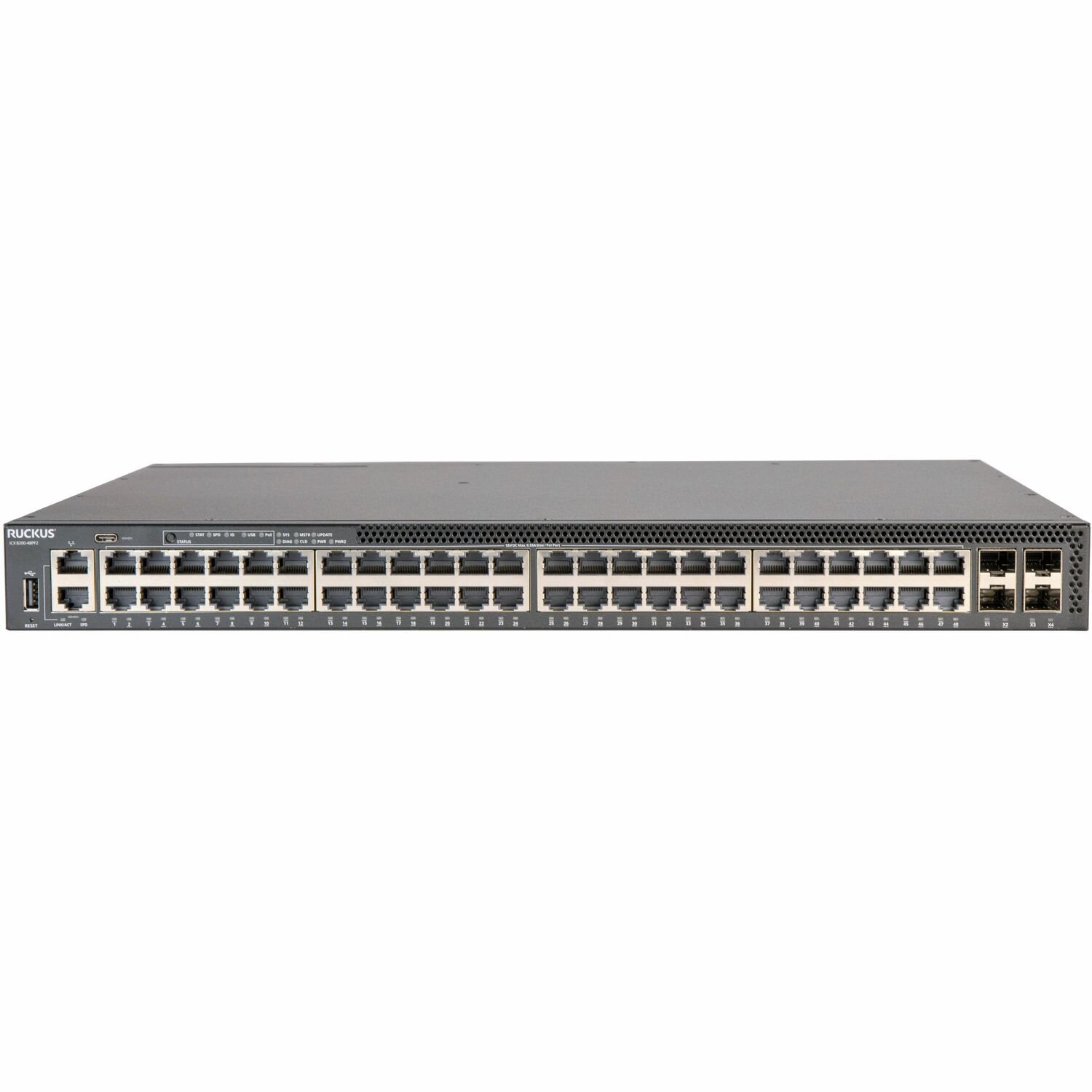 Ruckus 48 X 10/100/1000MBPS. Class 4 Poe, 740W Budget. 4 X 1/10/25Gbe SFP28. 2 Fans And