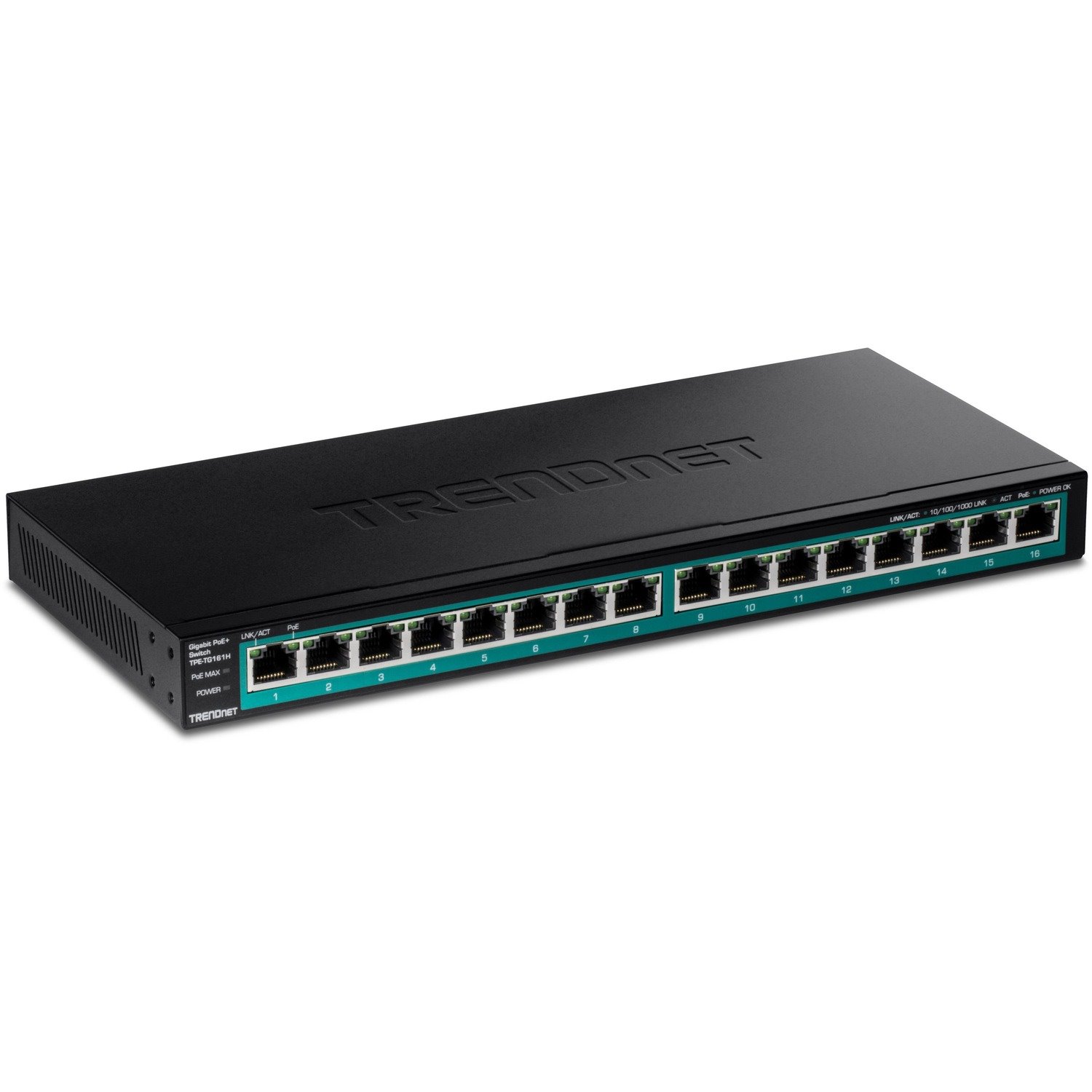 TRENDnet 16-Port Gigabit PoE+ Switch, 16 x Gigabit PoE+ Ports, 120W PoE Budget, Up to 30W Per Port, 1U 19" Rackmount Brackets Included, Fanless, Lifetime Protection, Black, TPE-TG161H