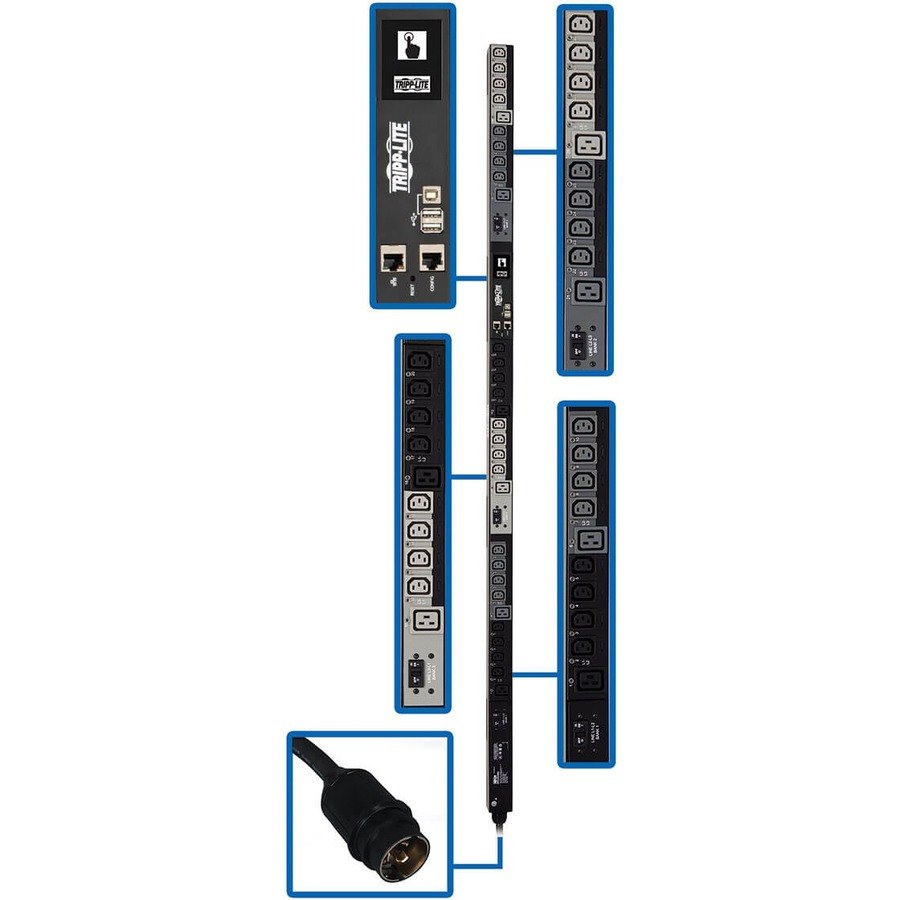 Tripp Lite by Eaton 14.5kW 200-240V 3PH Switched PDU - LX Interface, Gigabit, 30 Outlets, Hubbell 50A CS8365C Input, LCD, 1.8 m Cord, 0U 1.8 m Height, TAA