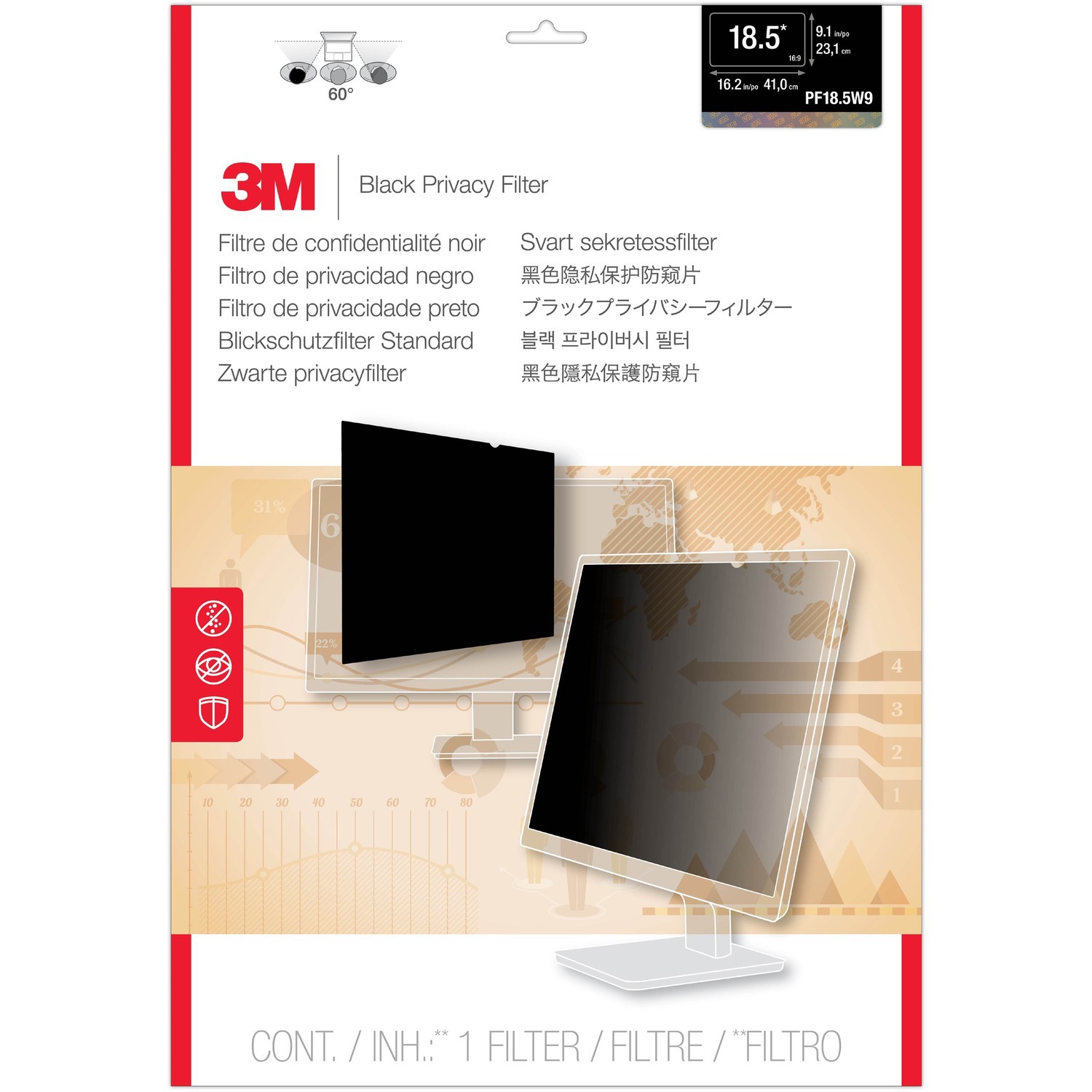 3M PF18.5W Anti-glare Privacy Screen Filter - Black