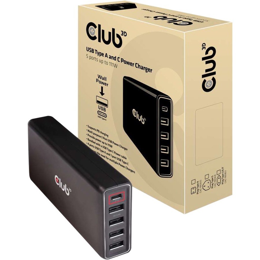 Club 3D USB Type A and C Power Charger, 5 ports up to 111W