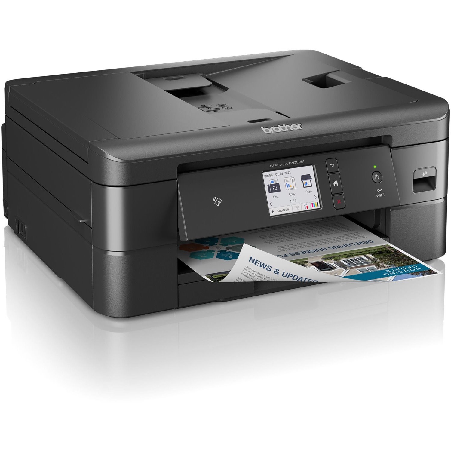 Brother MFC MFC-J1170DW Inkjet Multifunction Printer-Color-Copier/Fax/Scanner-17 ppm Mono/16.5 ppm Color Print-6000x1200 dpi Print-Automatic Duplex Print-150 sheets Input-Color Flatbed Scanner-1200 dpi Optical Scan-Color Fax-Wireless LAN