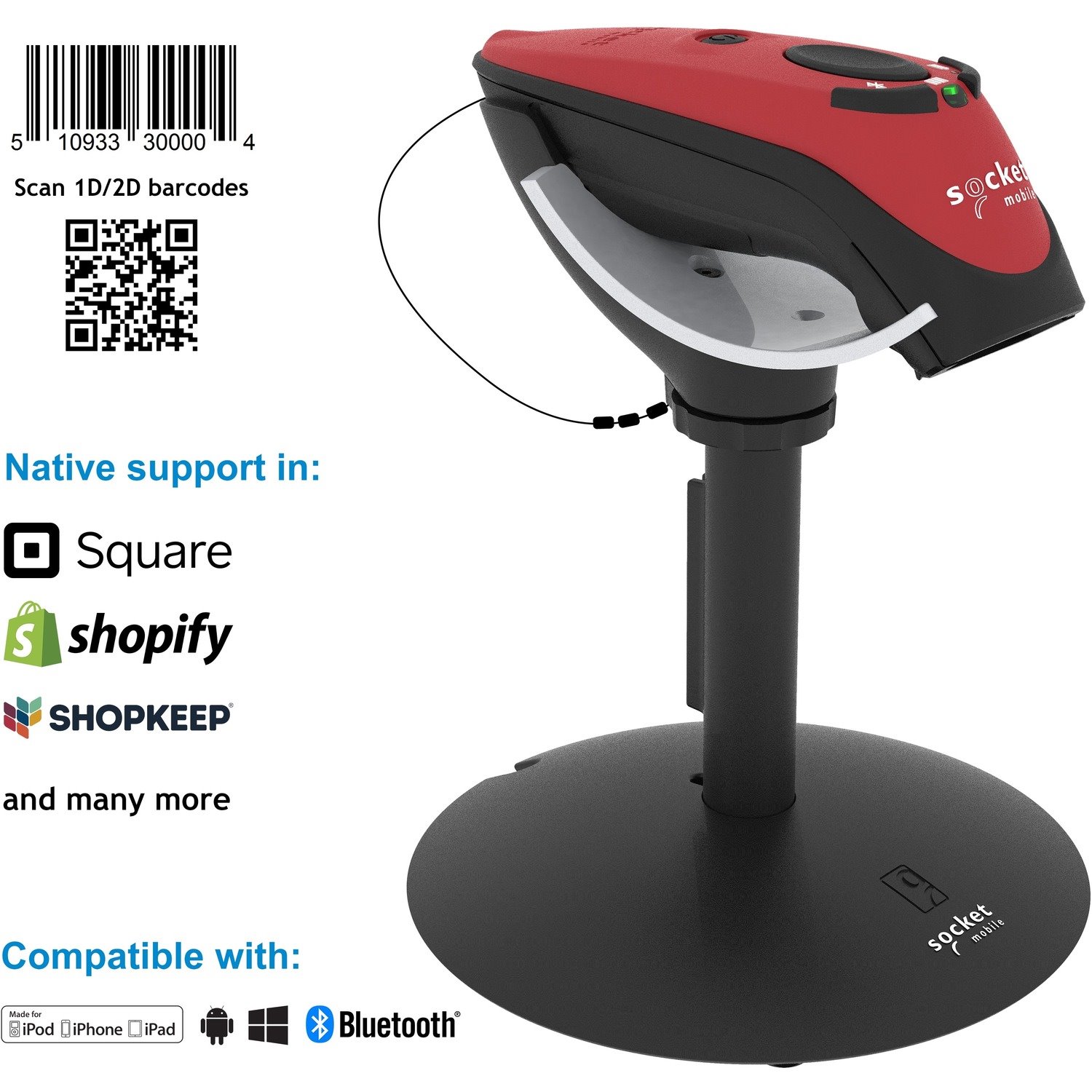 Socket Mobile DuraScan D760 Handheld Barcode Scanner - Wireless Connectivity - Red