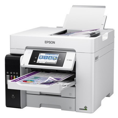 Epson ET-5850 Inkjet Multifunction Printer-Color-Copier/Fax/Scanner-4800x1200 dpi Print-Automatic Duplex Print-66000 Pages-550 sheets Input-1200 dpi Optical Scan-Color Fax-Wireless LAN-Epson Connect-Epson Email Print-Epson iPrint-Mopria