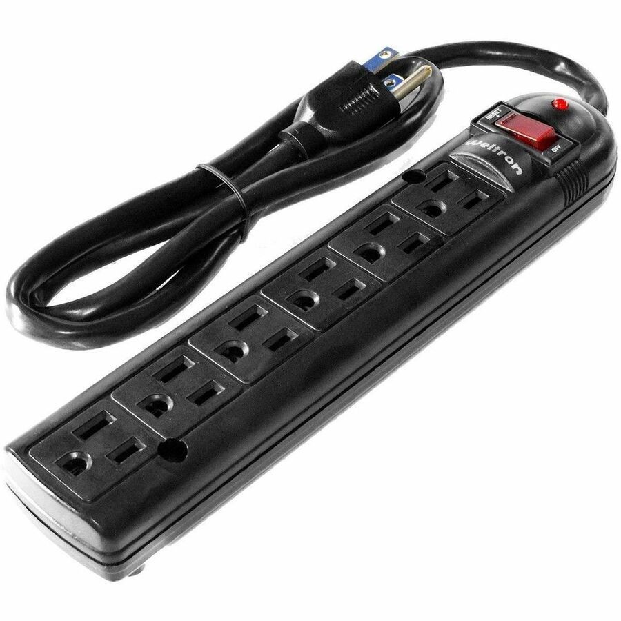 Weltron 6-Outlet Black Plastic Surge Protector W/ Full 3 Lines Surge; 750 Joules; Emi/Rf