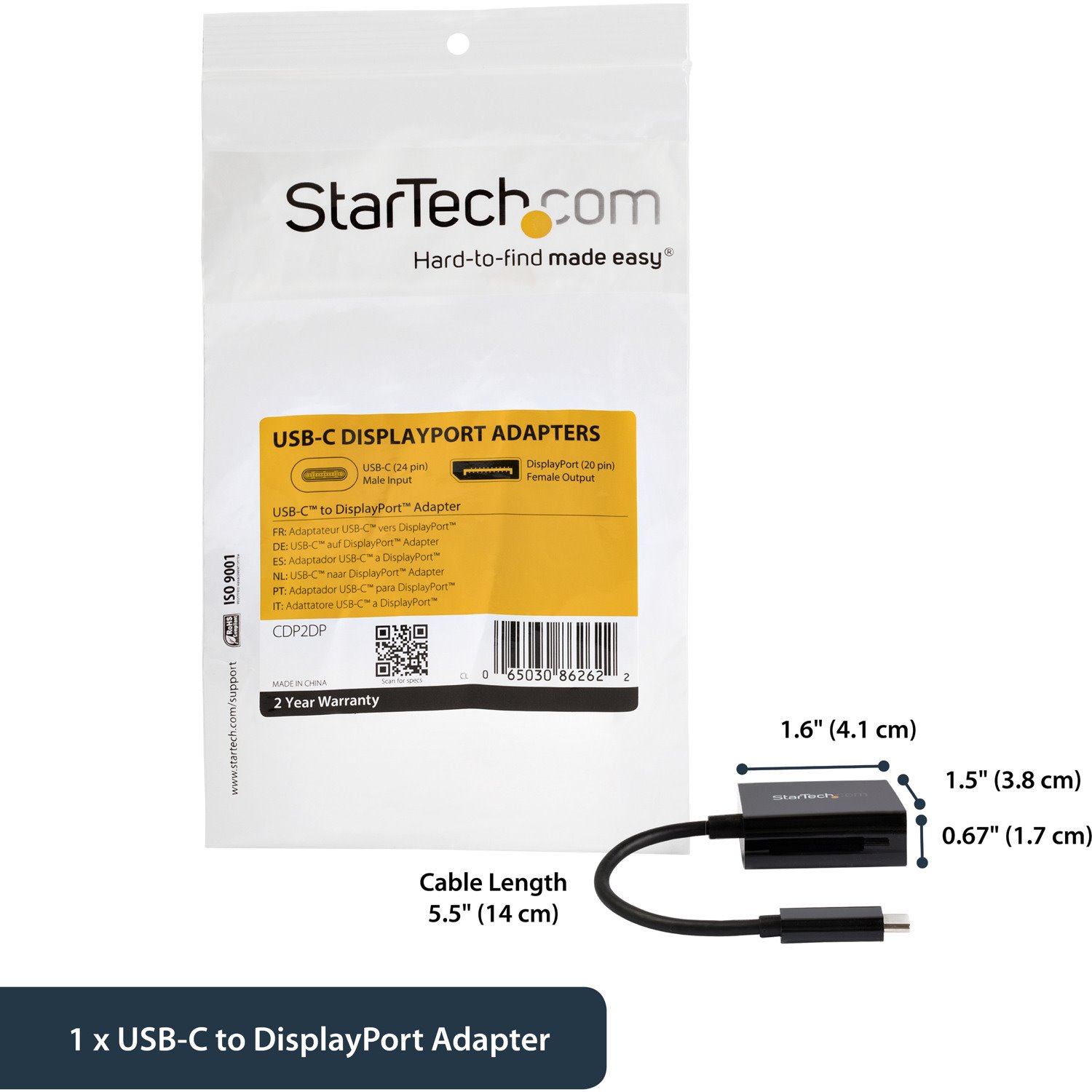 StarTech.com USB C to DisplayPort Adapter 4K 60Hz - USB Type-C to DP 1.4 Monitor Video Converter (DP Alt Mode) - Thunderbolt 3 Compatible