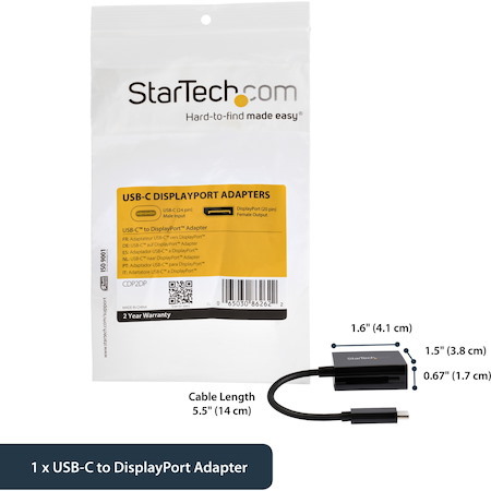 StarTech.com USB C to DisplayPort Adapter 4K 60Hz - USB Type-C to DP 1.4 Monitor Video Converter (DP Alt Mode) - Thunderbolt 3 Compatible