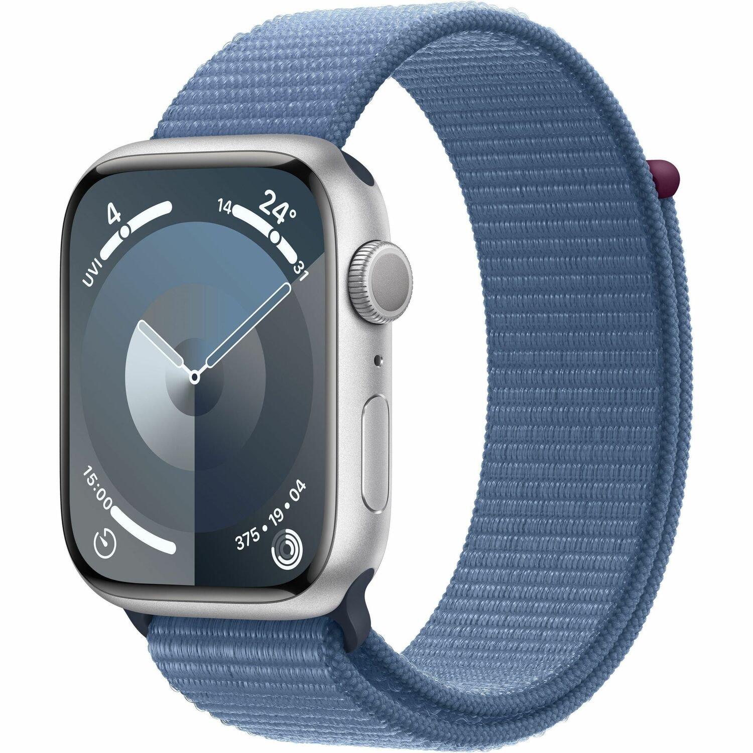 Apple Watch Series 9 Smart Watch - 45 mm Case Height - 38 mm Case Width - Silver Case Color - Winter Blue Band Color - Glass Body Material - Aluminium Case Material - Wireless LAN