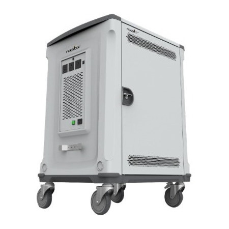 Rocstor Volt® C32 Charging Cart with Intelligent Power Charging - Up to 32 Device Intelligent Power Charging Cart for Notebooks, Chromebook®, MacBook®, and Macbook® Pro- 3 Slide-out shelves - Push Handle - 4 Heavy Duty 5" Casters - Steel Construction- 30" Width x 25.1" Depth x 40.7" Height - Silver - 5 Year Full Warranty - For up to 32 Devices MACBOOK®/CHROMEBOOK®/ NOTEBOOK UP TO 15.6"