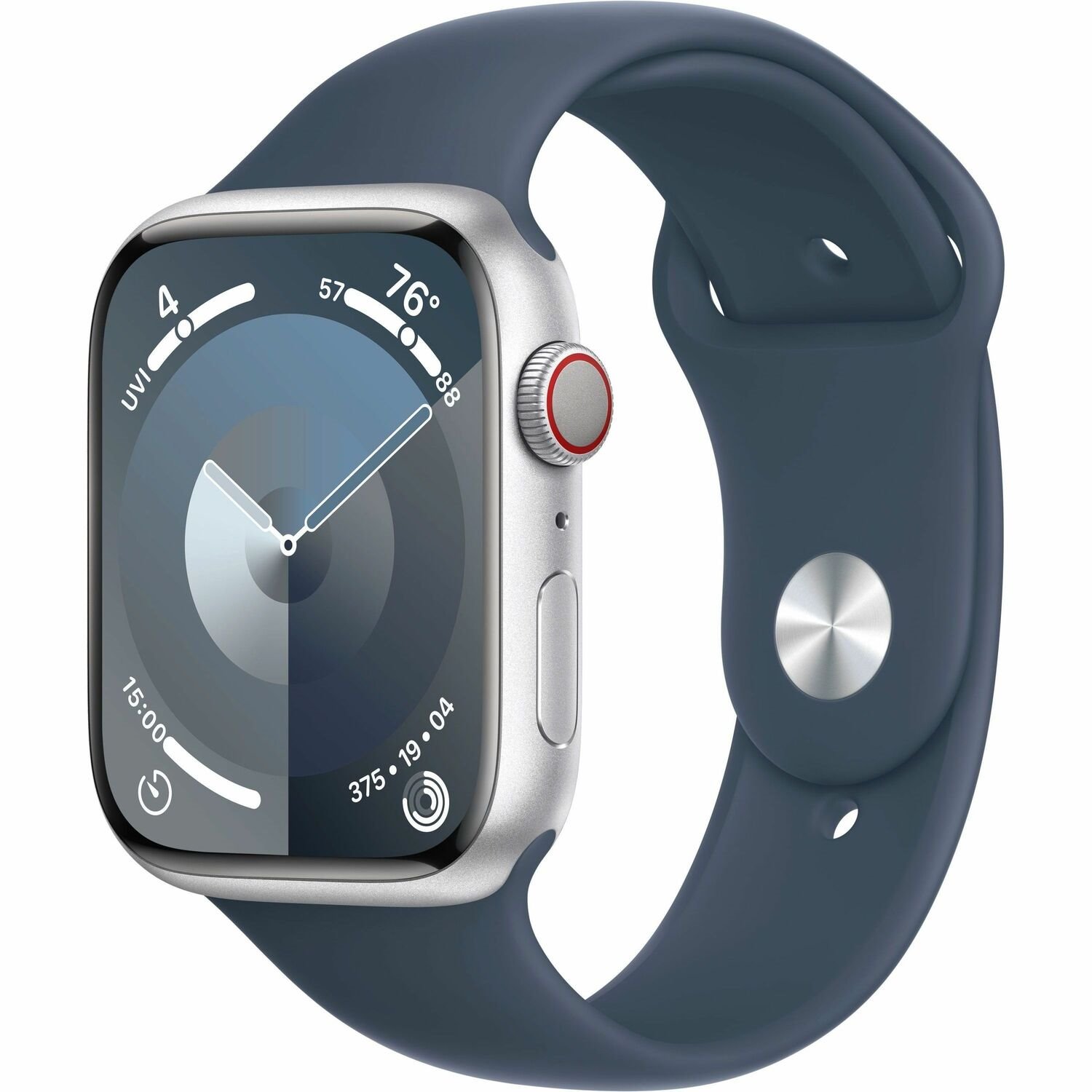 Apple Watch Series 9 Smart Watch - 45 mm Case Height - 38 mm Case Width - Silver Case Color - Storm, Blue Band Color - Glass Body Material - Aluminium Case Material - Wireless LAN - LTE, UMTS
