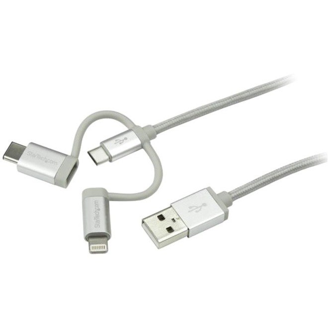 StarTech.com 1m USB Multi Charging Cable - Braided - Apple MFi Certified - USB 2.0 - Charge 1x device at a time - For USB-C or Lightning devices attach the corresponding connector of the cable to the Micro-USB connector and plug into your device - For Micro-USB devices plug the middle connector into your device