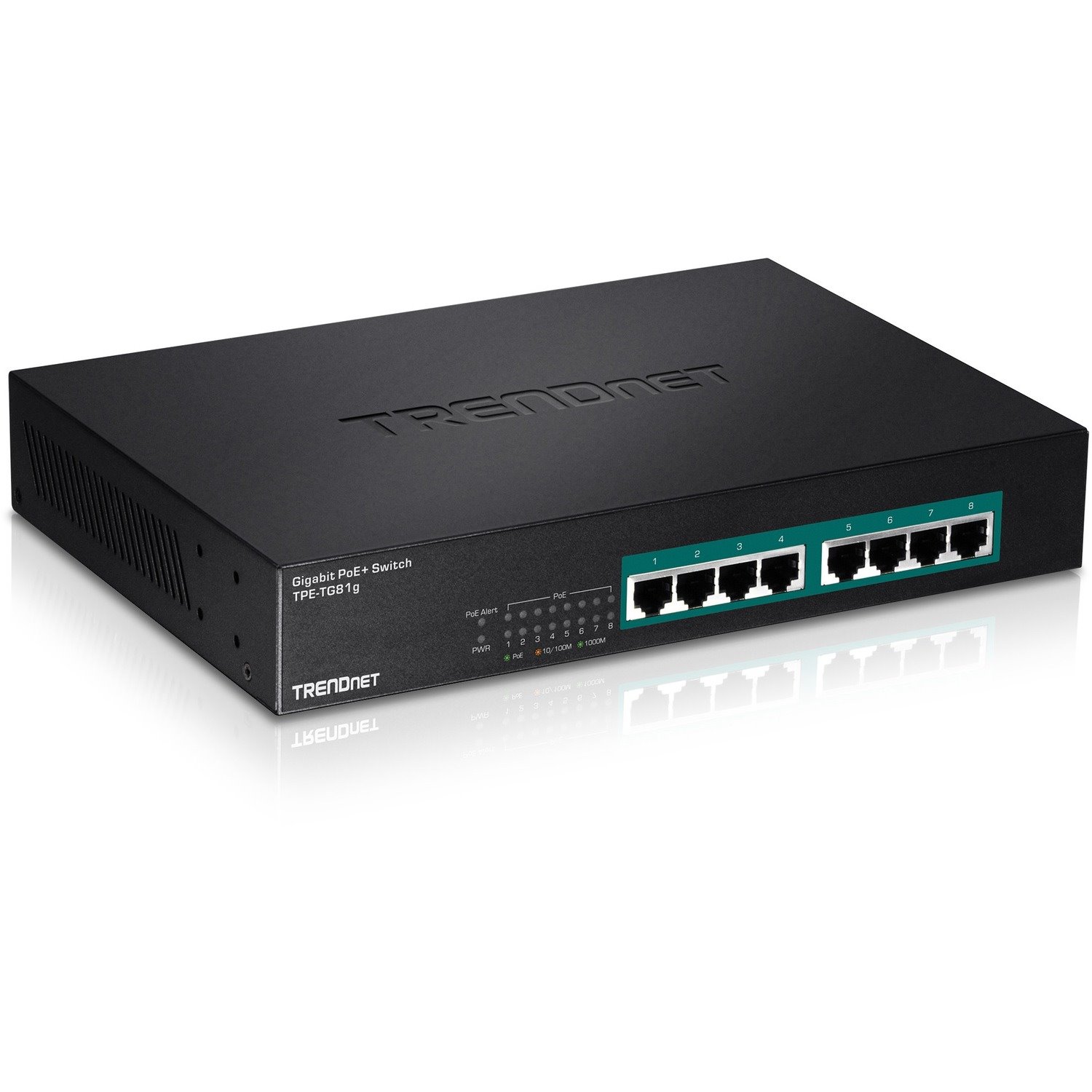 TRENDnet 8-Port Gigabit GREENnet PoE+ Switch, TPE-TG81g, 8 x Gigabit PoE+ Ports, Rack Mountable, Up to 30 W Per Port with 110 W Total Power Budget, Ethernet Network Switch, Metal, Lifetime Protection