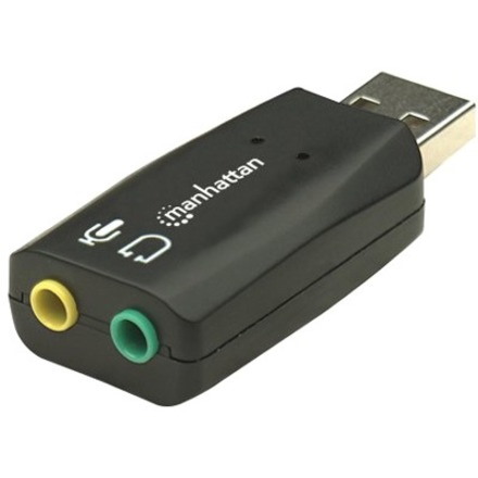 Manhattan USB-A Sound Adapter, USB-A to 3.5mm Mic-in and Audio-Out ports, 480 Mbps (USB 2.0), supports 3D and virtual 5.1 surround sound, Hi-Speed USB, Black, Three Year Warranty, Blister