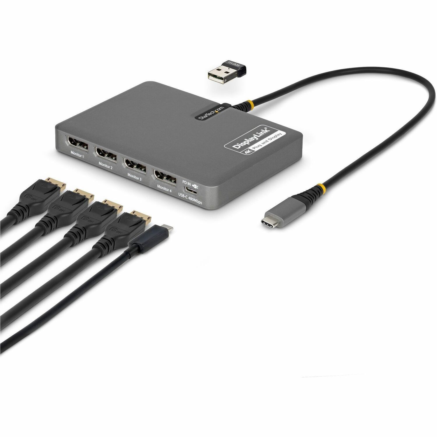 StarTech.com USB-C zu Quad-Monitor Workstation Adapter, 4K 60Hz DisplayPort, 140W PD Passthrough zum Laden von Laptops, 1x USB 2.0 Port