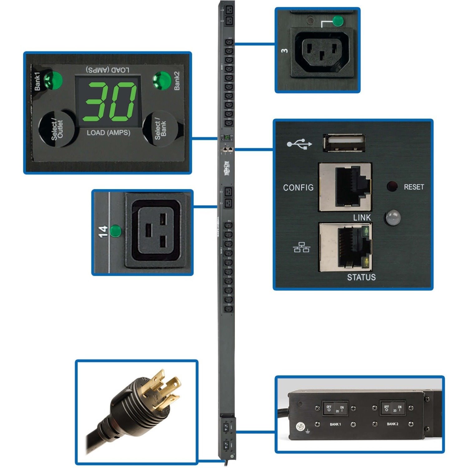 Eaton Tripp Lite Series 5.5kW Single-Phase Monitored Per-Outlet PDU - LX Platform, 24 Outlets (208/230V), L6-30P Input, 0U, TAA