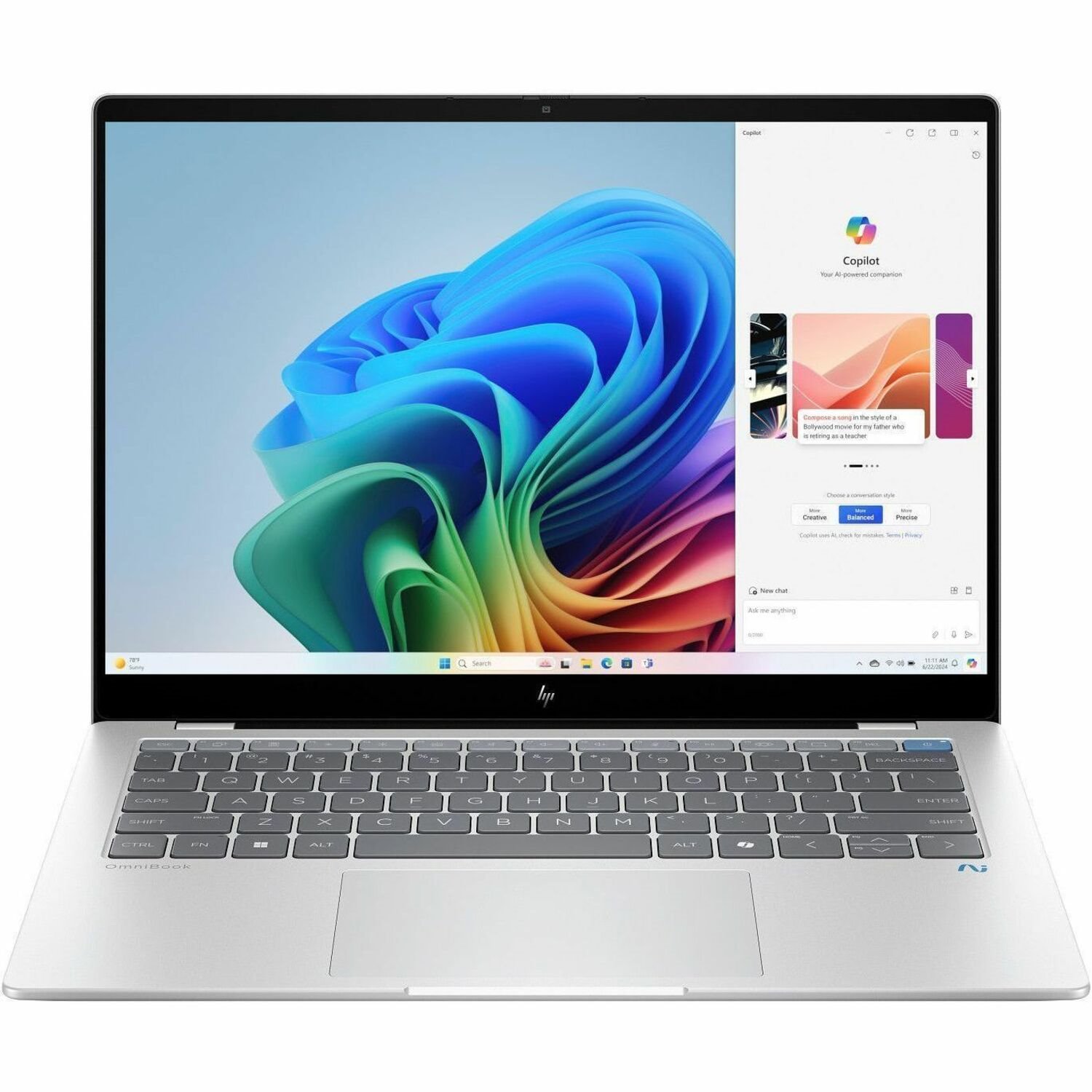 HP OmniBook X 14-fe0000 14-fe0000ca 14" Touchscreen Copilot+ PC Notebook - 2.2K - Qualcomm Snapdragon X Elite X1E-78-100 - 16 GB - 512 GB SSD - Meteor Silver Aluminum