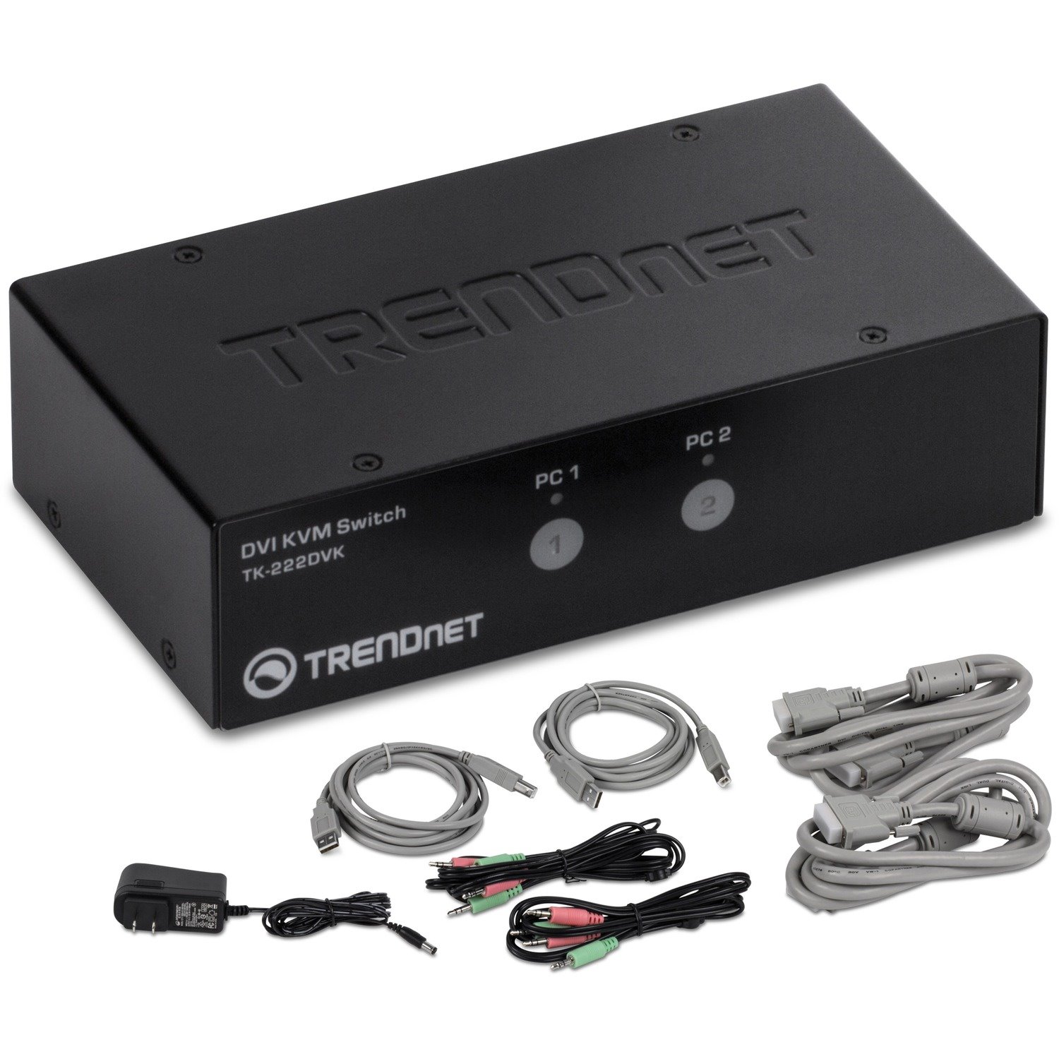 TRENDnet 2-Port DVI KVM Switch with Audio, Manage Two PC's, Hot-Keys, USB 2.0, Metal Housing, Use with a DVID-D Monitor, TK-222DVK